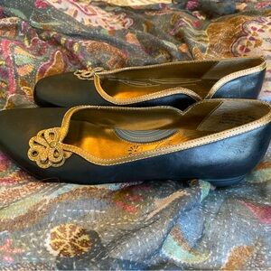 Clarks Black Loafers with Gold Trim
